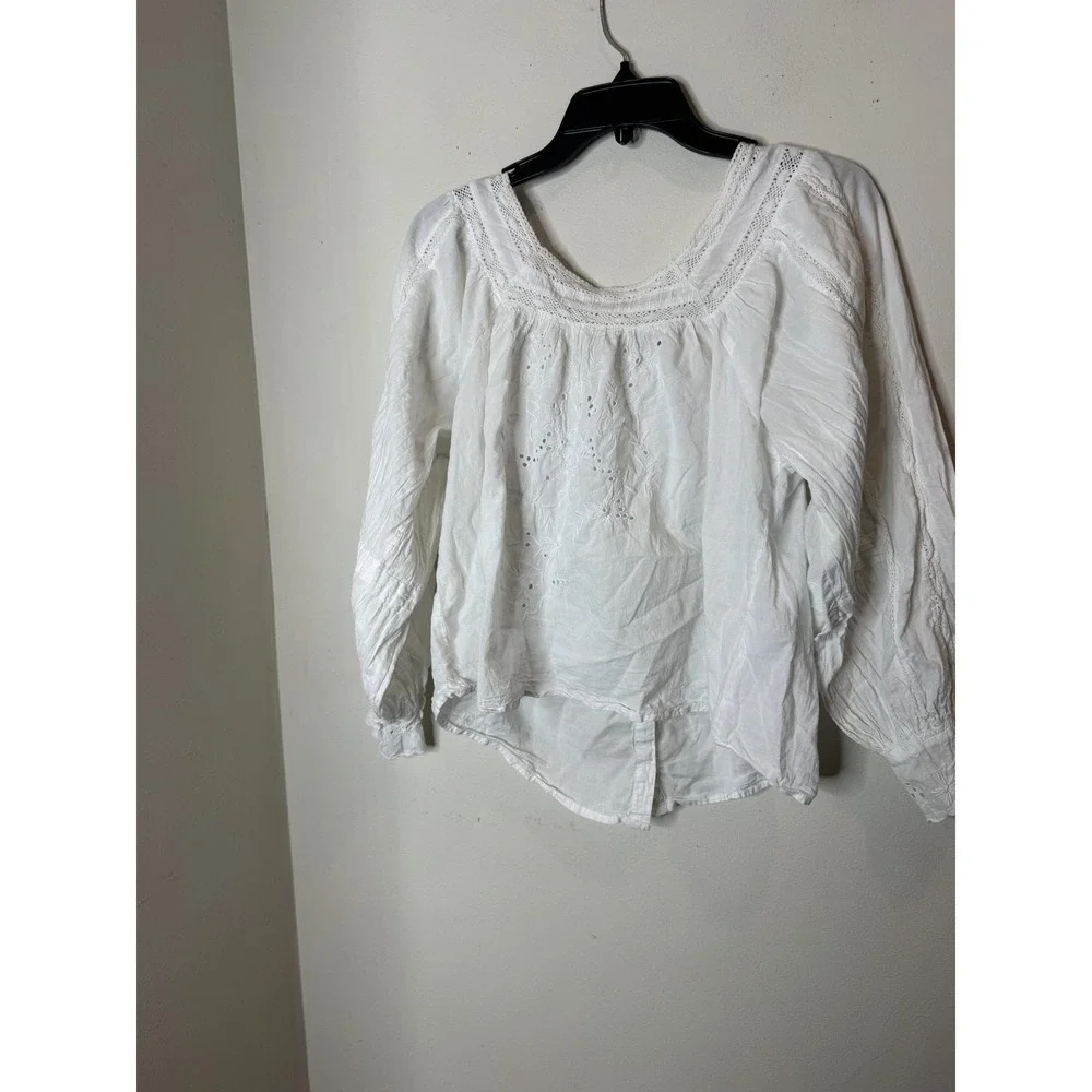 Jennifer Grace Blouse Womens M White Square Neck Crochet Boho Long Sleeve Top
